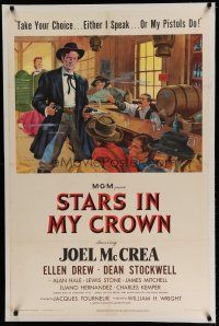 9f319 STARS IN MY CROWN linen 1sh '50 either Joel McCrea speaks or his pistols do, cool artwork!