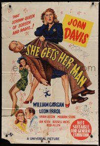 9r179 SHE GETS HER MAN Aust 1sh '45 wacky artwork of Joan Davis carrying Leon Errol!