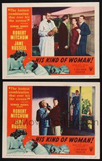 9s897 HIS KIND OF WOMAN 2 LCs '51 Robert Mitchum, sexy Jane Russell, Vincent Price, Howard Hughes!