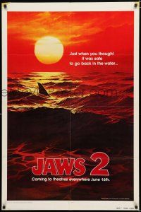 9z531 JAWS 2 dated teaser 1sh '78 classic art of man-eating shark's fin in red water at sunset!