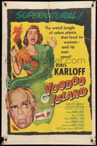 9z964 VOODOO ISLAND 1sh '57 Boris Karloff, art of woman-eating cobra plant attacking girl!