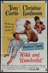 9z980 WILD & WONDERFUL 1sh '64 wacky image of Tony Curtis, Christine Kaufmann, & Monsieur Cognac!