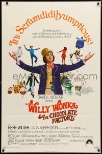 9z983 WILLY WONKA & THE CHOCOLATE FACTORY 1sh '71 Gene Wilder, it's scrumdidilyumptious!