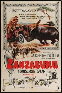 9z997 ZANZABUKU 1sh '56 Dangerous Safari in savage Africa, art of rhino ramming jeep!