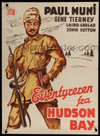 1c794 HUDSON'S BAY Danish '46 Gene Tierney, cool full-length artwork of pioneer Paul Muni!