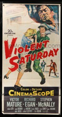 1f969 VIOLENT SATURDAY 3sh '55 art of girl pistol-whipped, Victor Mature, Richard Fleischer