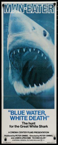 1j472 BLUE WATER, WHITE DEATH insert '71 super close image of great white shark with open mouth!