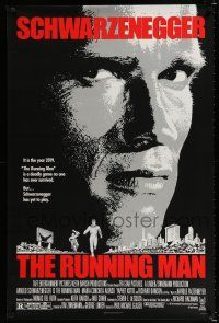 1k642 RUNNING MAN 1sh '87 huge close up headshot of Arnold Schwarzenegger!