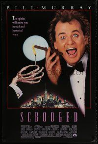 1k657 SCROOGED 1sh '88 great art of skeleton hand lighting Bill Murray's cigar!