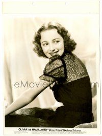 1m696 OLIVIA DE HAVILLAND 8x11 key book still '30s in black lace dress smiling over her shoulder!