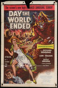 1p214 DAY THE WORLD ENDED 1sh '56 Roger Corman, art of sexy girl attacked by monster from Hell!