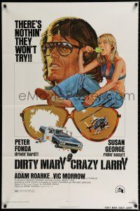 1p242 DIRTY MARY CRAZY LARRY 1sh '74 art of Peter Fonda & Susan George sucking on popsicle!