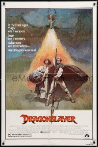 1p249 DRAGONSLAYER 1sh '81 cool Jeff Jones fantasy artwork of Peter MacNicol w/spear & dragon!