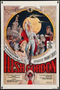 1p307 FLESH GORDON 1sh '74 sexy sci-fi spoof, wacky erotic super hero art by George Barr!