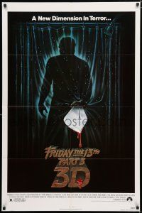 1p320 FRIDAY THE 13th PART 3 - 3D 1sh '82 slasher sequel, art of Jason stabbing through shower!