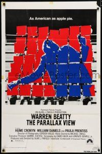 1p648 PARALLAX VIEW style B 1sh '74 Warren Beatty, as American as apple pie, cool image!