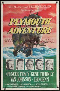 1p671 PLYMOUTH ADVENTURE 1sh '52 Spencer Tracy, Gene Tierney, cool art of ship at sea!