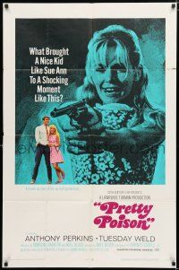 1p682 PRETTY POISON style B 1sh '68 psycho Anthony Perkins, close-up of crazy Tuesday Weld w/gun!