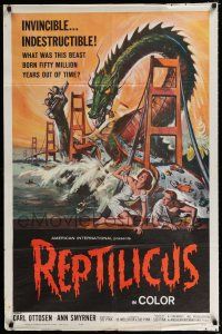 1p714 REPTILICUS 1sh '62 indestructible 50 million year-old giant lizard destroys bridge!