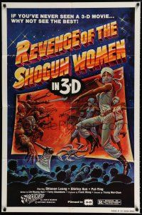 1p722 REVENGE OF THE SHOGUN WOMEN 1sh '82 cool 3-D artwork of female ninjas on theater screen!