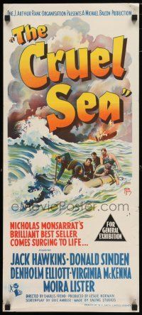 1y734 CRUEL SEA Aust daybill '53 cool diifferent Frank Tyler art, Jack Hawkins!