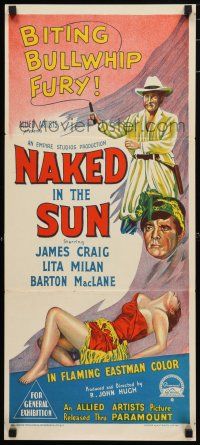 1y847 NAKED IN THE SUN Aust daybill '57 different Richardson Studio art, bullwhip fury!