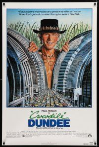 1z190 CROCODILE DUNDEE 1sh '86 cool art of Paul Hogan looming over New York City by Daniel Goozee!