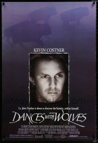 1z202 DANCES WITH WOLVES DS 1sh '90 close portrait of Kevin Costner & running buffalo!