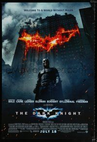 1z204 DARK KNIGHT advance DS 1sh '08 Christian Bale as Batman in front of flaming building!