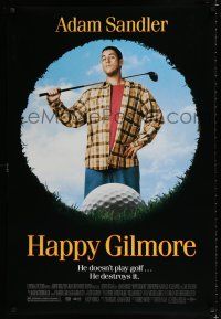 1z349 HAPPY GILMORE DS 1sh '96 great image of Adam Sandler, he doesn't play, he destroys golf!