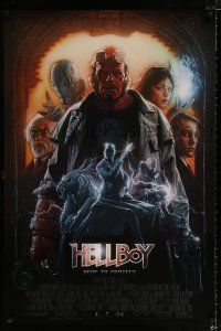 1z363 HELLBOY heavy stock advance 1sh '04 Ron Perlman, Guillermo del Toro, art of cast by Drew!