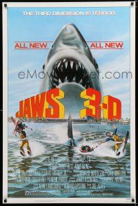 1z421 JAWS 3-D 1sh '83 great Gary Meyer shark artwork, the third dimension is terror!