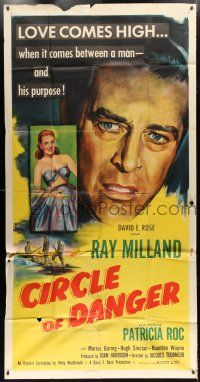 2j680 CIRCLE OF DANGER 3sh '51 Ray Milland is a man on a manhunt, directed by Jacques Tourneur!