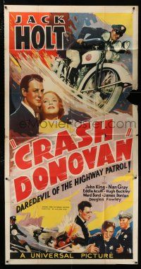 2j689 CRASH DONOVAN 3sh '36 art of Jack Holt on motorcycle, Daredevil of the Highway Patrol!