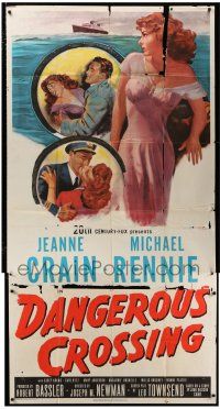 2j691 DANGEROUS CROSSING 3sh '53 art of sexy Jeanne Crain & Michael Rennie at sea!