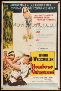 2j417 CANNIBAL ATTACK Argentinean '54 art of Johnny Weissmuller with knife, & girl with gun!