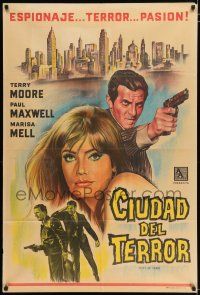 2j423 CITY OF FEAR Argentinean '65 art of sexy Terry Moore & spies + city skyline, espionage!