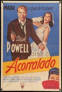 2j428 CORNERED Argentinean '46 full-length art of Dick Powell pointing gun & Michelene Cheirel!