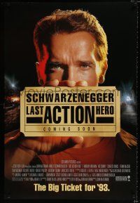 2m468 LAST ACTION HERO int'l advance DS 1sh '93 cool image of Arnold Schwarzenegger holding ticket!