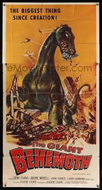 2y256 GIANT BEHEMOTH 3sh '59 cool art of massive brontosaurus dinosaur monster smashing city!