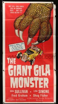 2y257 GIANT GILA MONSTER 3sh '59 classic art of giant monster hand grabbing teens in hot rod!