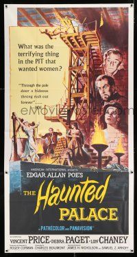 2y258 HAUNTED PALACE 3sh '63 Vincent Price, Lon Chaney, Edgar Allan Poe, cool horror art!