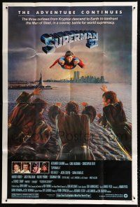 2y254 SUPERMAN II 40x60 '81 Christopher Reeve, Terence Stamp, great artwork over New York City!