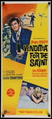 2y455 VENDETTA FOR THE SAINT Aust daybill '69 Roger Moore with double-barrelled shotgun, English!