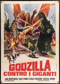 3e188 GODZILLA ON MONSTER ISLAND Italian 1p '73 cool art of him battling Ghidra, Gigan & more!