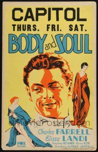 3e701 BODY & SOUL WC '31 artwork of pilot Charles Farrell between sexy Elissa Landi & Myrna Loy!