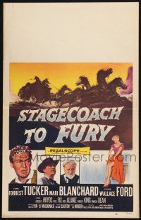 3e935 STAGECOACH TO FURY WC '56 pretty Marie Blanchard & Forrest Tucker, cool western artwork!