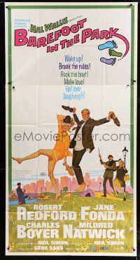 3g598 BAREFOOT IN THE PARK 3sh '67 McGinnis art of Robert Redford & Jane Fonda in Central Park!