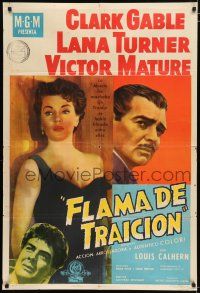 3g085 BETRAYED Argentinean '54 art of Clark Gable, Victor Mature & sexy brunette Lana Turner!