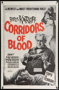 3k164 CORRIDORS OF BLOOD 1sh '63 Boris Karloff, Christopher Lee, blood-curdling experiments!